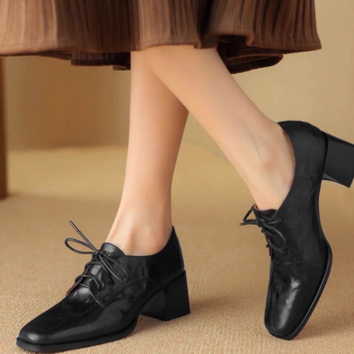 Oxford Lace Up Women - รองเท้าอ็อกซ์ฟอร์ดหัวเหลี่ยมแบบผูกเชือกสำหรับผู้หญิง หนังแท้ ส้นบล็อก สไตล์วินเทจ ทำมือ ส้นหนาปานกลาง