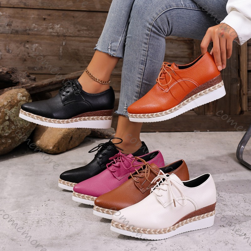 Oxford Lace Up Women - รองเท้าหนังผู้หญิงแบบผูกเชือก ส้นเตารีด ทรงอ็อกซ์ฟอร์ด ส้นสูงแบบแพลตฟอร์ม รองเท้าลำลองใส่สบาย เดินง่าย