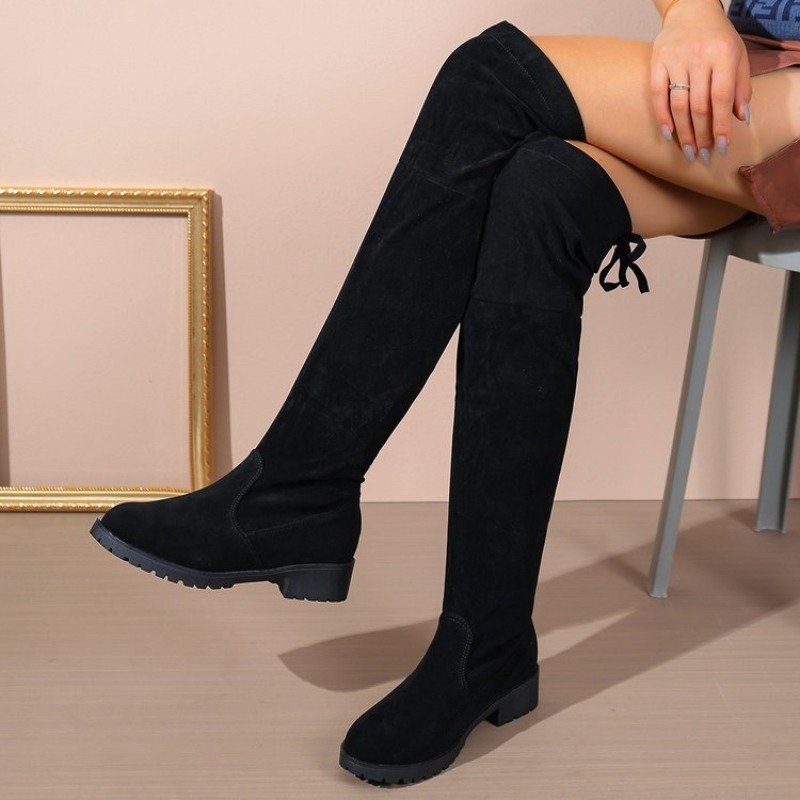Sock Boot Women - รองเท้าบูทสูงเหนือเข่าสำหรับผู้หญิง วัสดุหนังกลับ ส้นบล็อก พื้นรองเท้าผ้ายืด สำหรับฤดูใบไม้ร่วงและฤดูหนาว รองเท้าบูทยาว