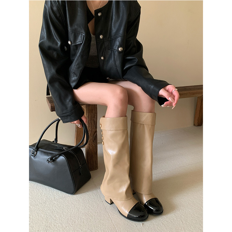 Sock Boot Women - รองเท้าบูททรงนักรบหุ้มข้อสูง ส้นหนา สไตล์ฝรั่งเศส หัวมน กลิ่นหอมอ่อนๆ แบบสีตัด