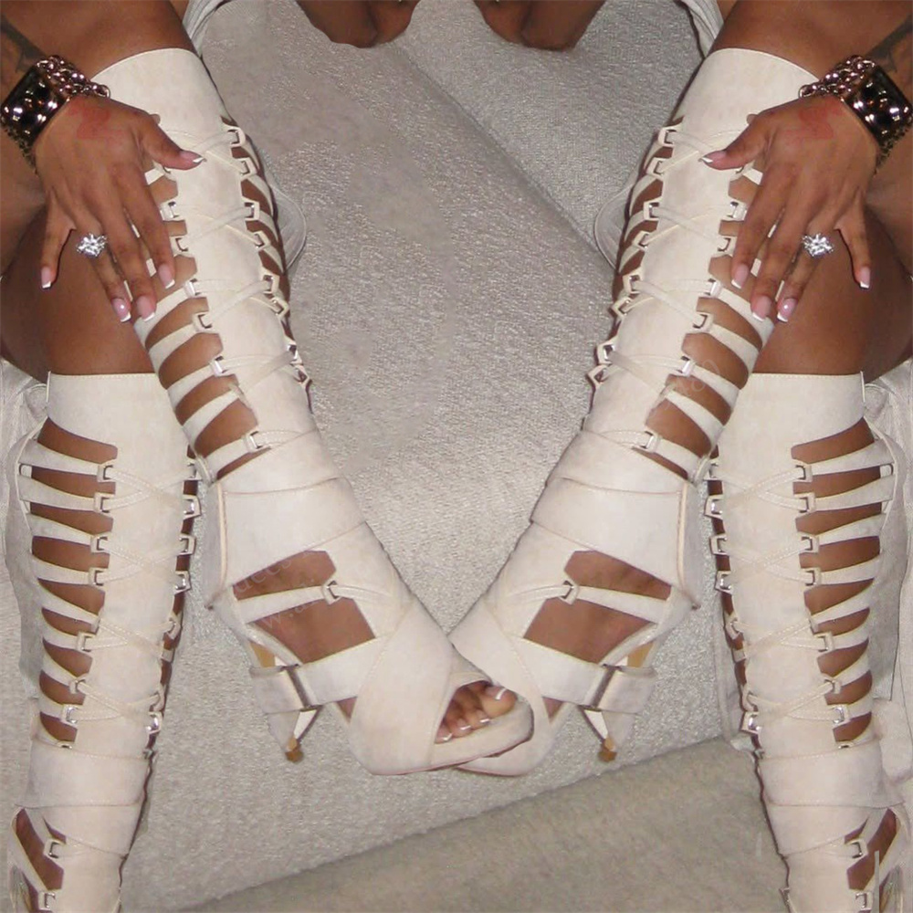 Knee High Boots Women - รองเท้าบูทส้นสูงแบบเปิดนิ้วเท้า Gladiator Hollow Belt Buckle รุ่นใหม่ประจำฤดูร้อนปี