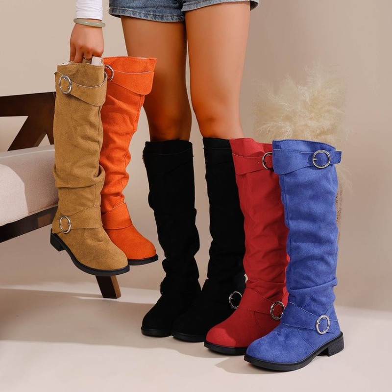 Knee High Boots Women - รองเท้าบูทสไตล์ตะวันตกแบบวินเทจ ความสูงระดับเข่า ส้นเตี้ยใส่สบาย ดีไซน์ข้อบูทย่นแบบคาวบอย