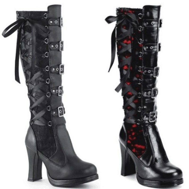 Knee High Boots Women - รองเท้าบูทสูงถึงเข่าสไตล์พังก์กอธิคสำหรับผู้หญิง รองเท้าบูทมอเตอร์ไซค์แบบสวมใส่สบาย รองเท้าบูททรงยาวแบบนักรบ รองเท้าส้นสูงแบบแพลตฟอร์มสำหรับผู้หญิง