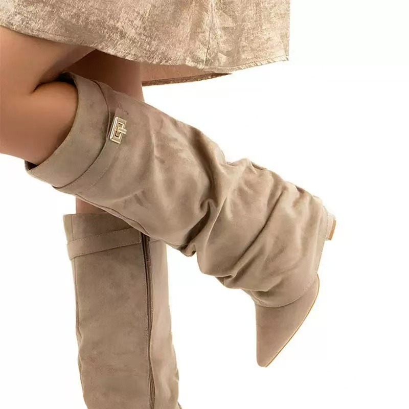 Knee High Boots Women - รองเท้าบูทผู้หญิงทรงสูงถึงเข่า ปี 2026 ประดับหัวเข็มขัดโลหะ ปลายแหลม ส้นสูง