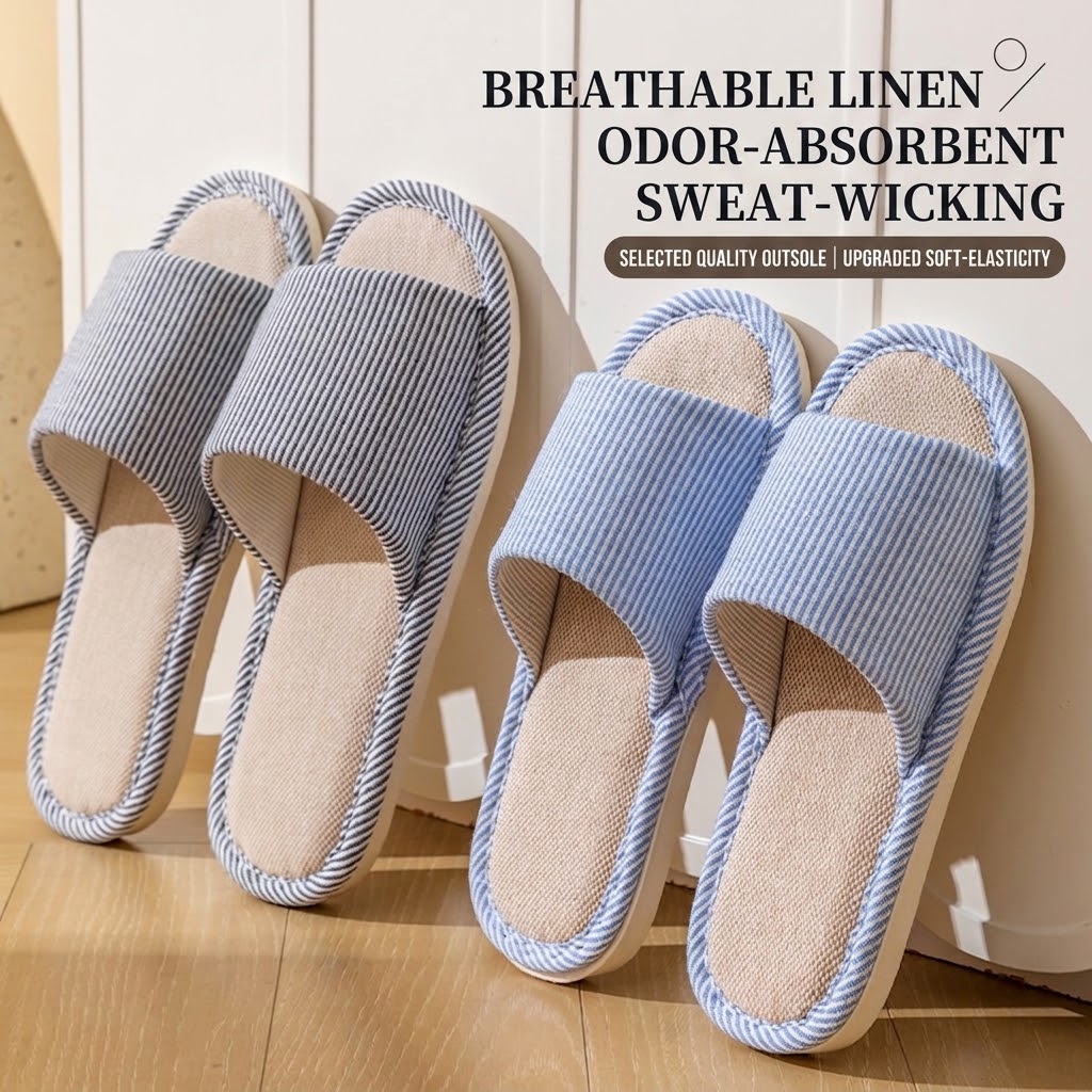 Mule Slip On - รองเท้าแตะผ้าลินินระบายอากาศสำหรับผู้หญิงและผู้ชาย ลายทาง เปิดหัวเท้า รองเท้าใส่ในบ้าน พื้นนุ่มกันลื่น ดูดซับเหงื่อ